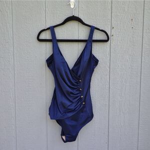 VINTAGE Maillot Blatten One Piece Swimsuit Shimmer Blue‎ 14 Long